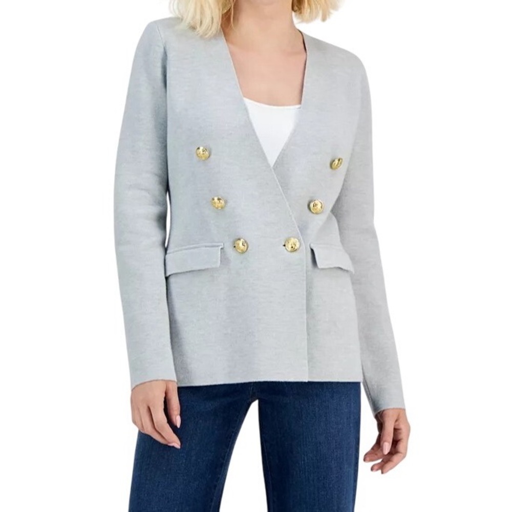 New I.N.C Heather Gray Double Breasted Knit Preppy Sweater Blazer Women sz M